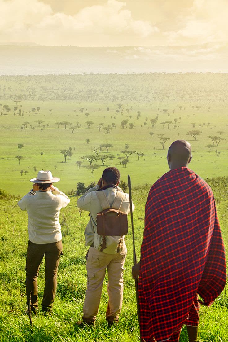 Guests and a Maasai guide looking out over the plains on a walking safari